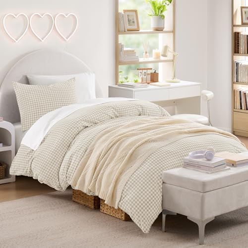Andency Cream Gingham Duvet Cover Twin, 100% Wash Cotton Bedding