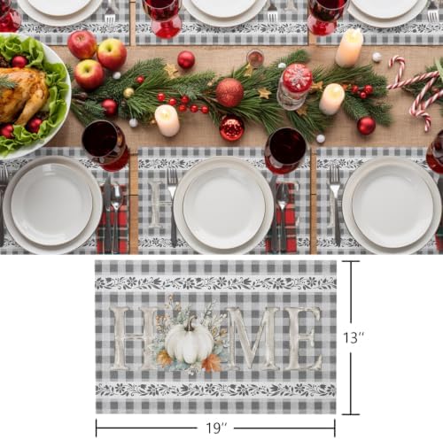 Grey Checked Placemats Set of 8, Cotton Linen Fabric Place Mats