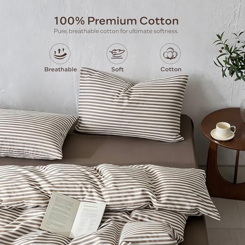 JELLYMONI 100% Cotton Printed Striped Queen Duvet Cover Set, Tan