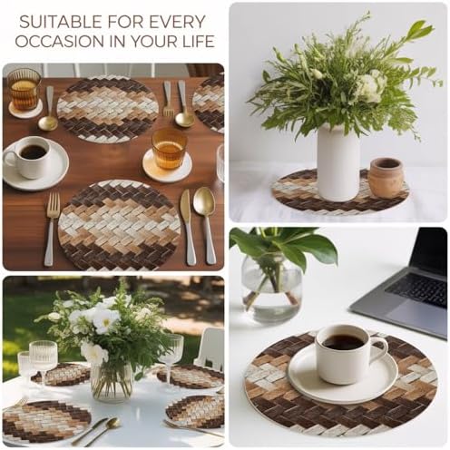 Neutral Woven Pattern Faux Leather Placemats Set of 8, 12in