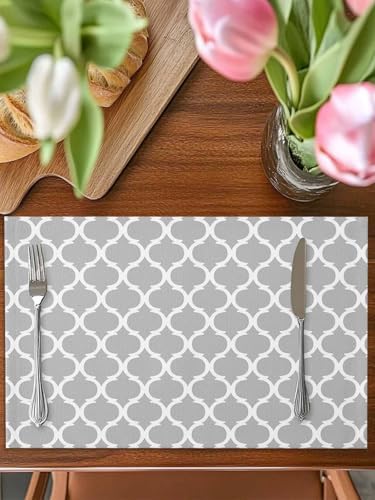 Placemats Set of 8 for Dining Table, Morocco Plaid Grey Washable