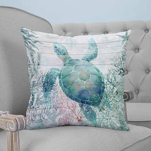 20x20 Pillow Covers Set of 2, Teal Sea Turtle Throw Pillow Covers