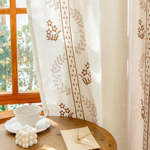 Linen Curtains 95 Inch Brown Floral Drapes Back Tab 2 Panels