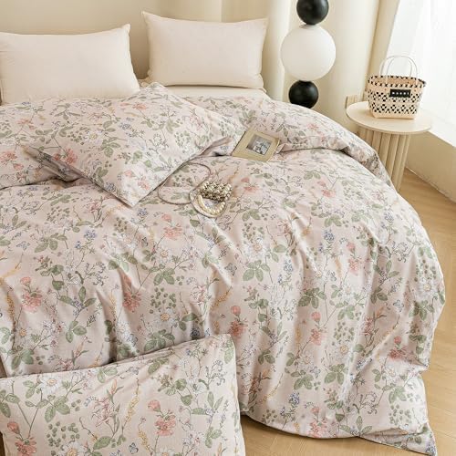 ECOCOTT Floral Duvet Cover Queen Size, 100% Washed Cotton 3 Piece