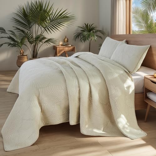 Brandream Beige Palm Quilt Set Queen Size Cotton Matelasse Tropical