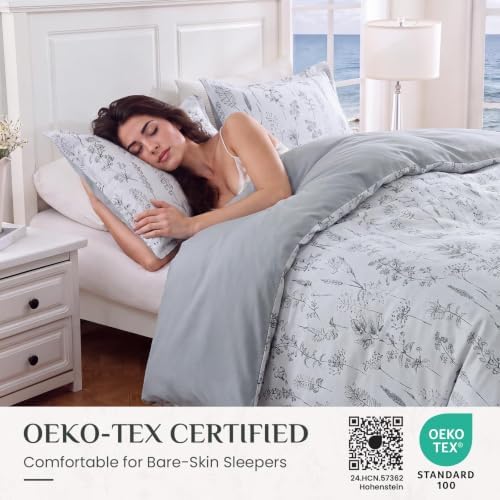 JOLLYVOGUE Floral Duvet Cover King, 3Pcs Reversible Grey Duvet Cover