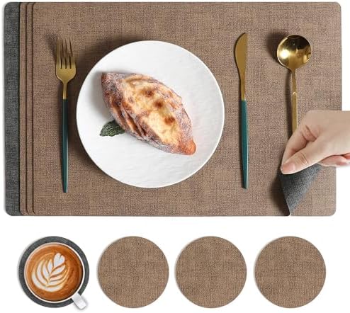 Place Mats Set of 6, Light Gray Leather Table Mats, Washable