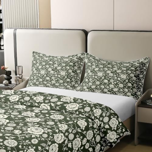 Feelyou Sage Green Floral Duvet Cover 100% Cotton Queen Size Tropical