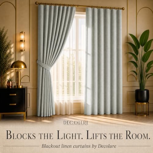 DECOLURE 100% Blackout Linen Curtains 120 Inches Long | Light Beige
