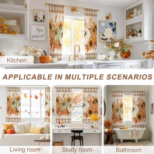 Savannan Semi Sheer Curtains Panels, Thanksgiving Pumpkin Brown Plaid