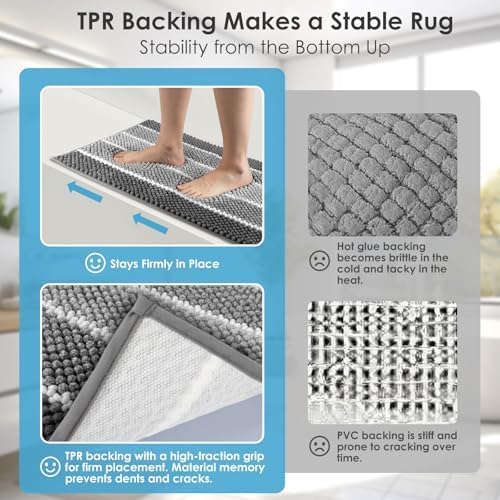 ArtyCozy Chenille Bathroom Rugs 3 Pieces, Grey, 17"×24", 20"×48"