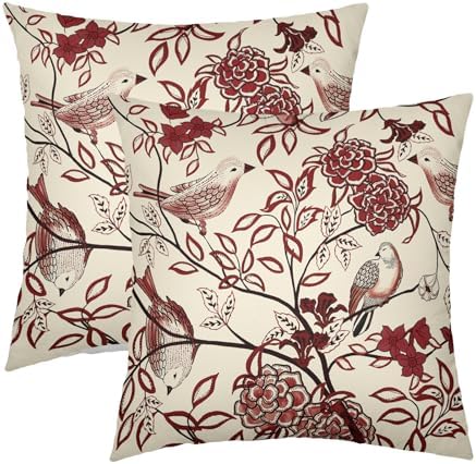 Burgundy Red Floral Pillow Covers 18X18 Inch Chinoiserie Vintage Bird