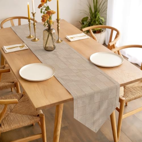 Beige Gingham Table Runner 108 inches Long Country Vintage Minimalist