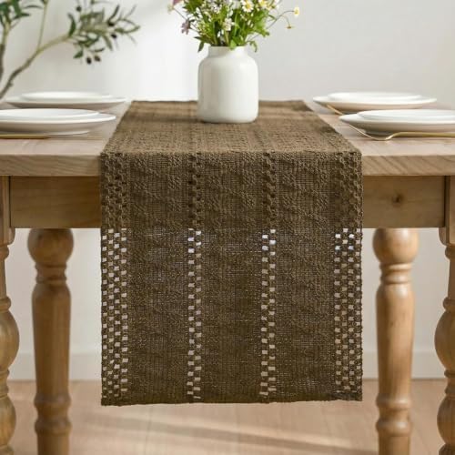 Artoid Mode Coffee Woven Farmhouse Hollow Table Runner 12x120 Inch