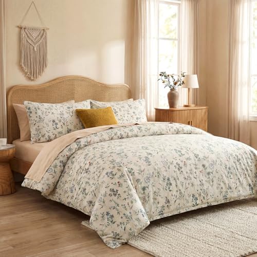 Floral Duvet Cover Set Queen Size 100% Cotton Green Floral Comforter