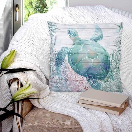 20x20 Pillow Covers Set of 2, Teal Sea Turtle Throw Pillow Covers