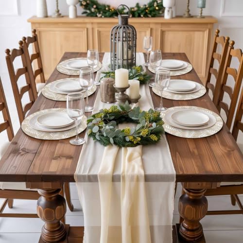 Cream Fronds Round Braided Placemats Set of 8, Beige Leaf Plant Canvas
