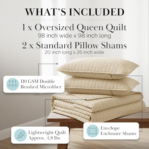 Oversized Queen Size Quilt Bedding Set w/ 2 Quilted Pillow Shams, Soft