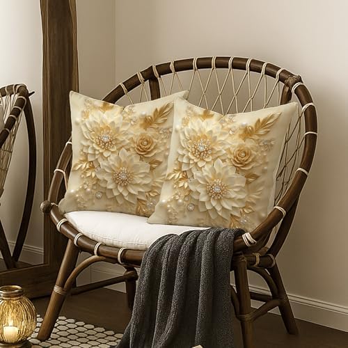 Elegant Floral Printing Pillow Covers Set of 2, Cream Gold Decorative