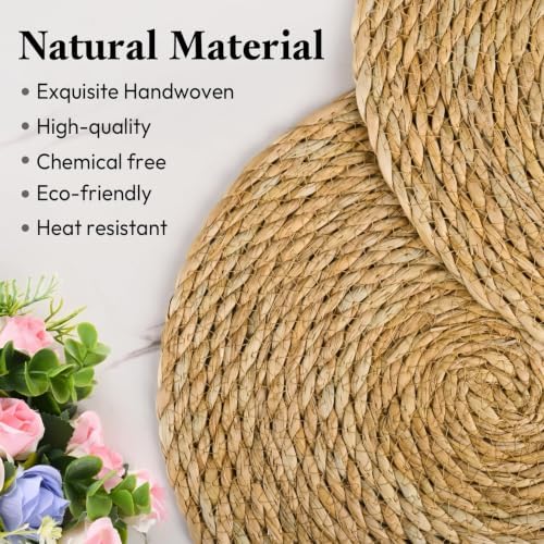Set of 8 Round Woven Placemats, 13 Inch Rattan Chargers for Dinner
