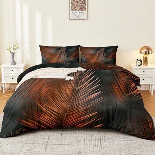 Breathable Reversible Duvet Cover Set, Plants Palm Leaves Lines