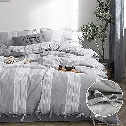 BISELINA Striped Duvet Cover Set 3pcs 100% Washed Cotton Linen Like
