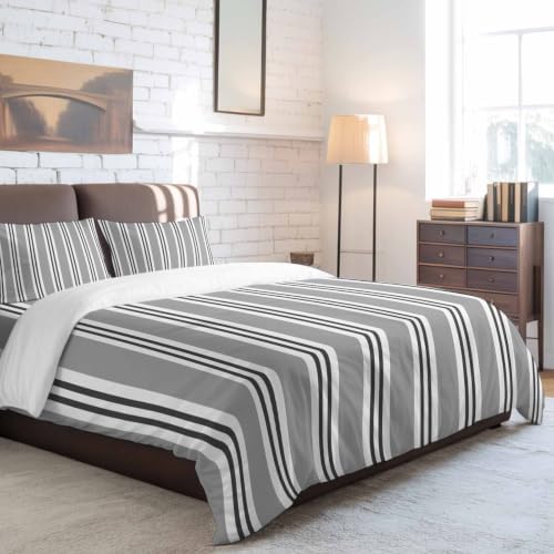Gray Black and White Stripe King Duvet Cover Set - 4 Pcs Comforter