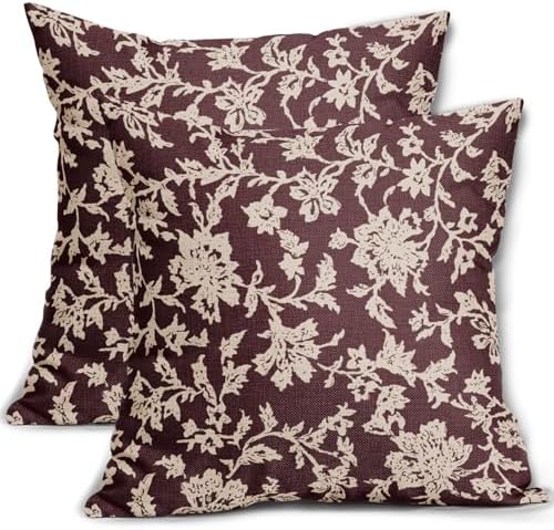 Burgundy Red Floral Pillow Covers 18x18 Set of 2 Brown Cream Vintage