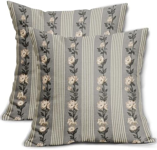 Floral Pillow Covers 18x18 Set of 2 Grey Black Vintage Neutral Flower