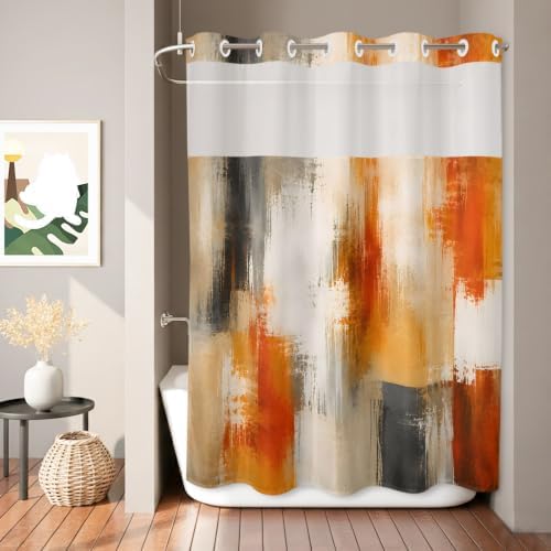 Extra Long No Hook Shower Curtain Bathroom Decor Orange Beige Gray
