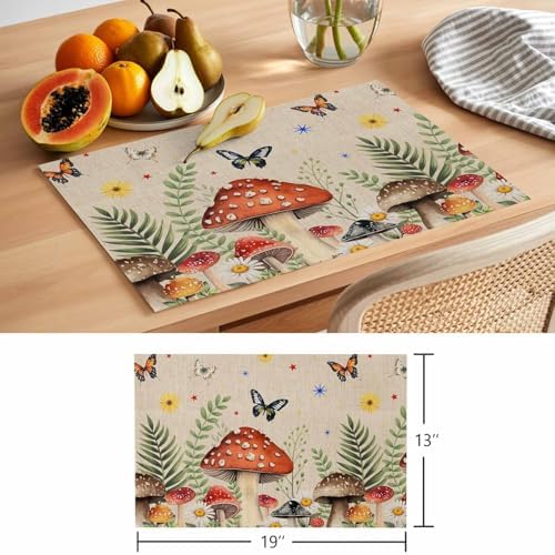 Placemats Set of 8, Spring Mushrooms Woven Placemat, Linen Place Mats