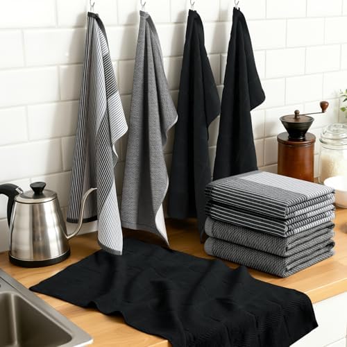 Homaxy 6 Pack Cotton Terry Premium Kitchen Towels, 18 x 28 in, Black
