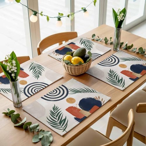 Boho Placemats for Dining Table Set of 4, Middle Century Leaves