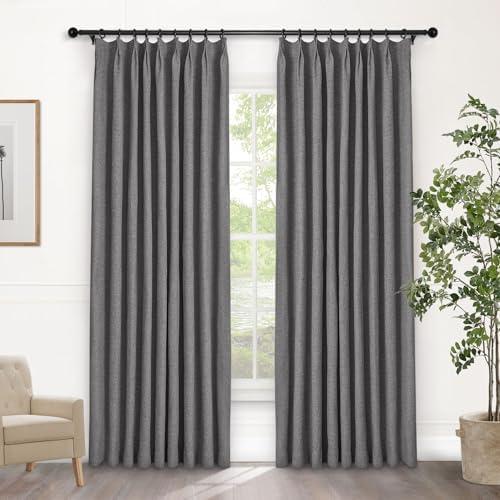 Macochico 100% Blackout Gray Linen Curtains 84 Inches Long Pinch