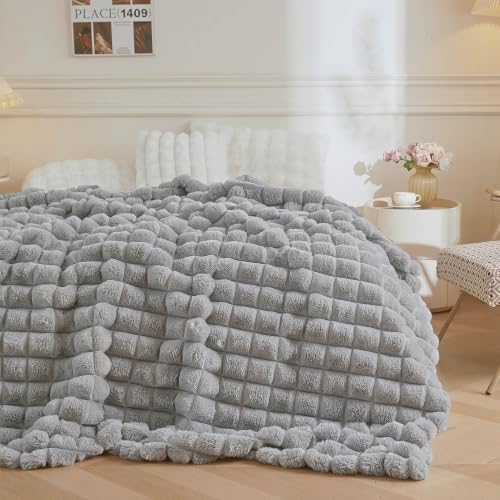 MEGO Fluffy Bubble Grid Faux Rabbit Fur Throw Blanket 60x80, Gray