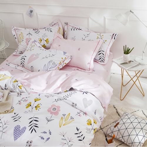 Pink Floral Duvet Cover Set Queen Girls Aesthetic Bedding Set 100%