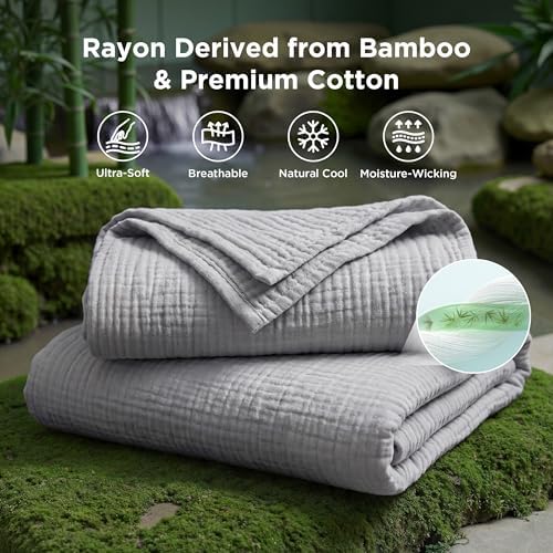Bedsure Cooling Muslin Blanket King Size for Adults, Grey, 104"x90"