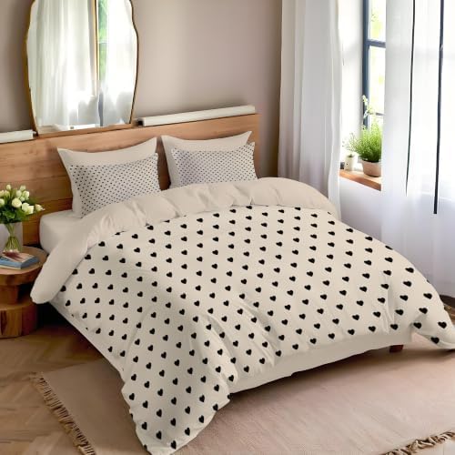 Beige Simple Little Heart Duvet Cover Set for Women Girls 3 Pcs Cute