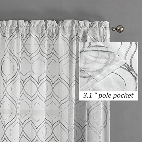 VISIONTEX White Sheer Curtains Grey Moroccan Embroidered 63 Inch