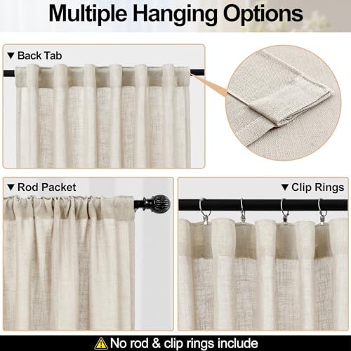 decorUhome Linen Semi Sheer Curtains 96 Inch Long, 2 Panels Light