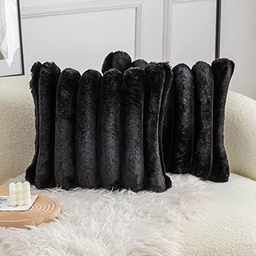 Neelvin Black Faux Fur Cozy Soft Striped Decorative Throw Pillow