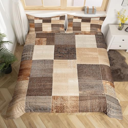 jejeloiu Modern Geometric Duvet Cover King Size Brown Beige Patchwork