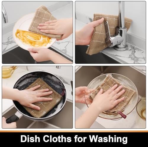 Mordimy Cotton Terry Checkered Dish Cloths, 12"x 12", 6 Pack, Tan
