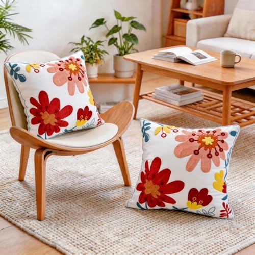 Decorative Throw Pillow Cover with Embroidered Floral Design, White