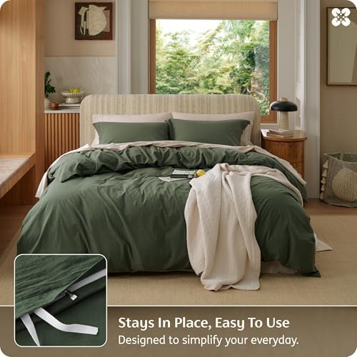 Bedsure PureWoven 100% Washed Cotton Duvet Cover Set, Queen Size, 3-PC