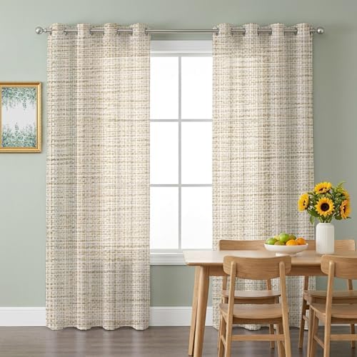 Brown Sheer Curtains 96 Inch Long 2 Panels, Linen Texture Modern