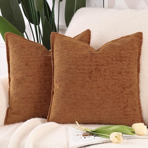 MADIZZ Pack of 2 Chenille Velvet Throw Pillow Covers 18x18 Inch Rust