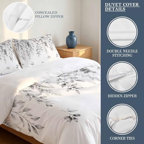 3 Pieces Duvet Cover Country Gray Eucalyptus Leaf Luxury Soft