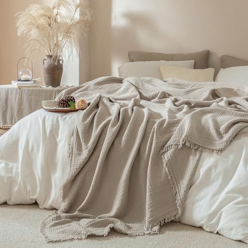 Muslin Fringe Blankets for Adults: 100% Cotton Cloud Soft Queen