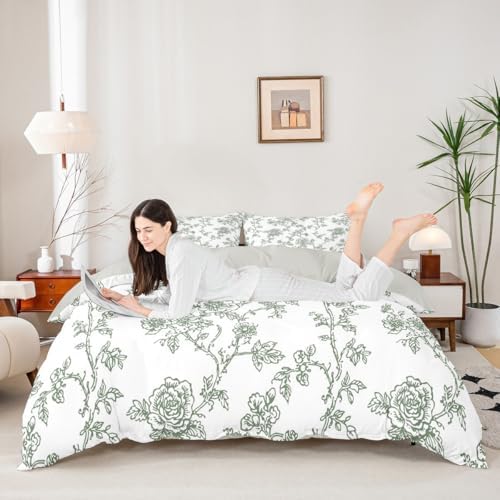 Grey Green Duvet Cover King Size,Floral Botanical Flowers Soft Bedding